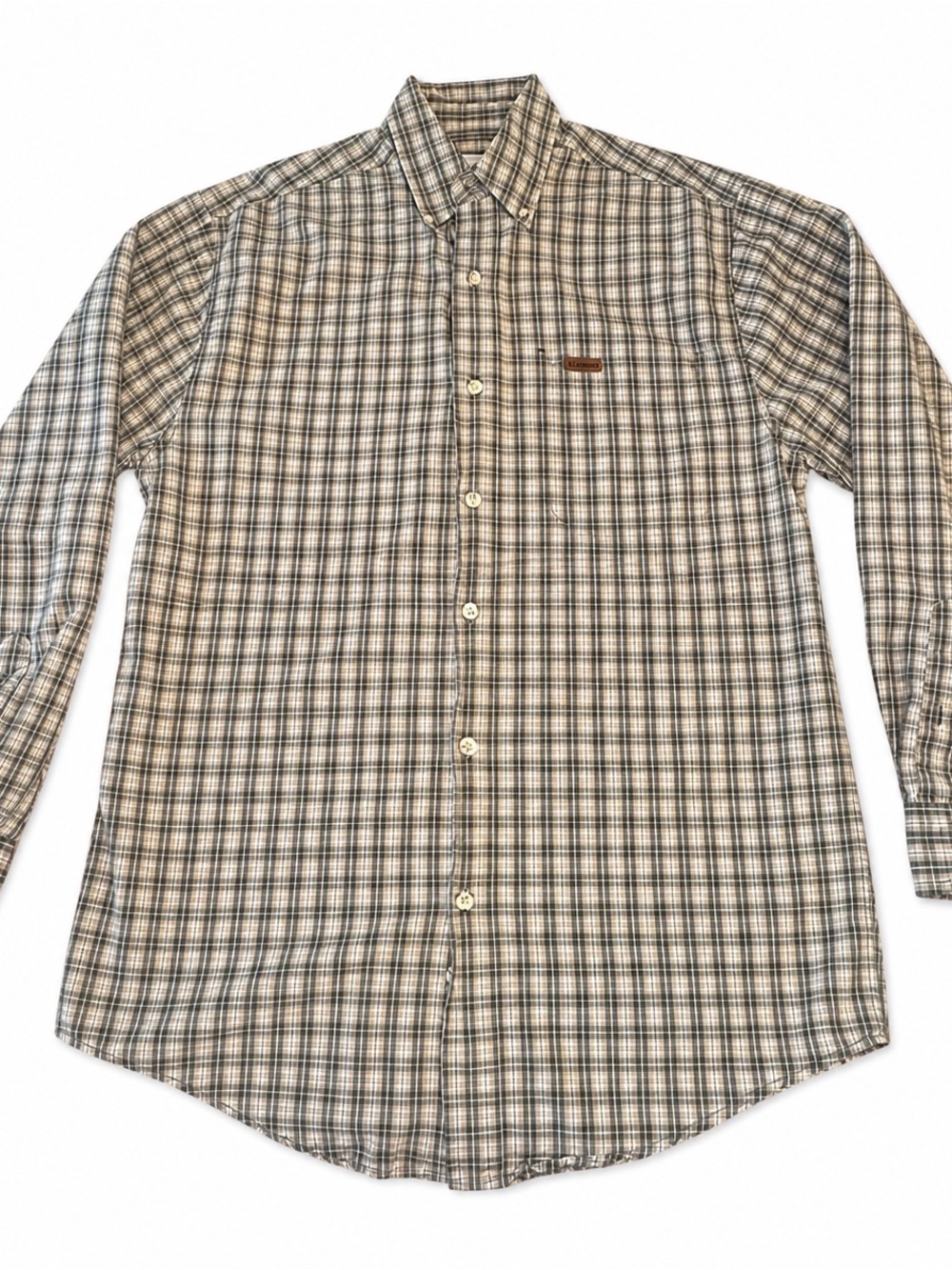 Vintage Carhartt Men's Plaid Button-Down Shirt in Beige and Green